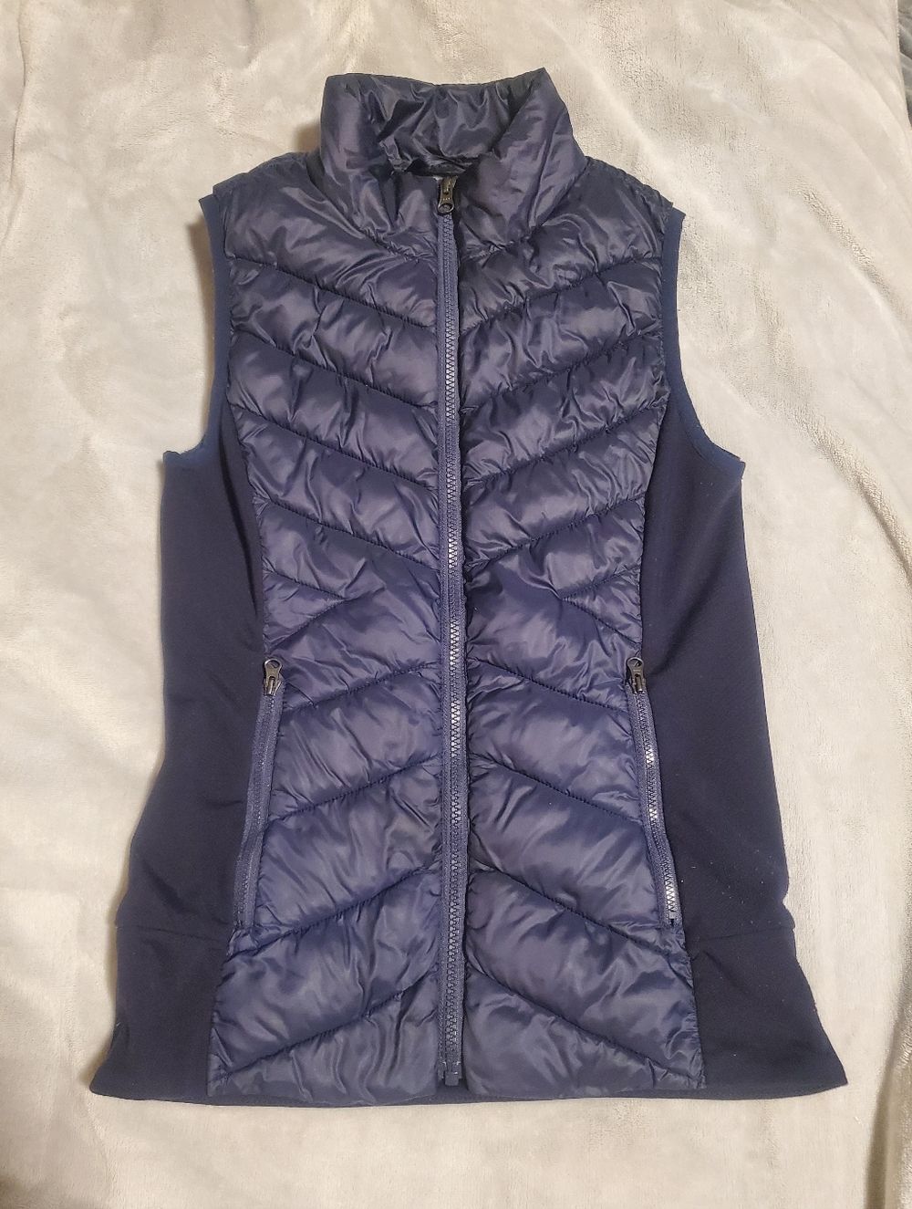 ZELLA Navy Blue Quilted Puffer Vest Mixed Media Zip with Stretch Side Panels XXS